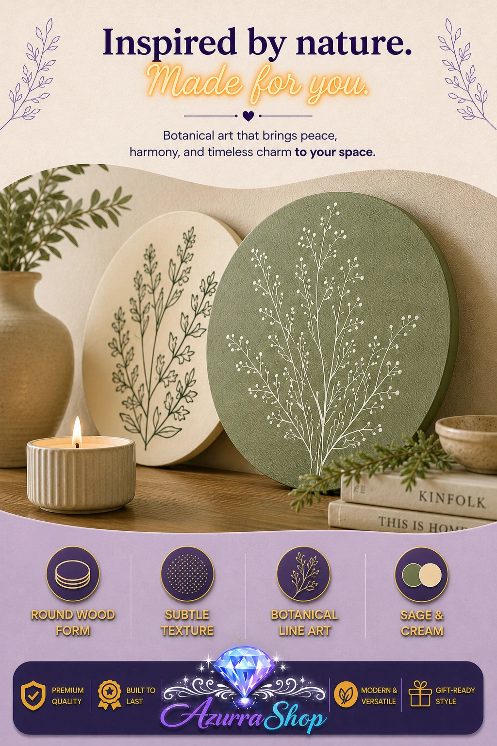 Close-up detail of two round wooden botanical wall art pieces, one cream and one sage green with hand-drawn plant illustrations, leaning against books next to a lit candle