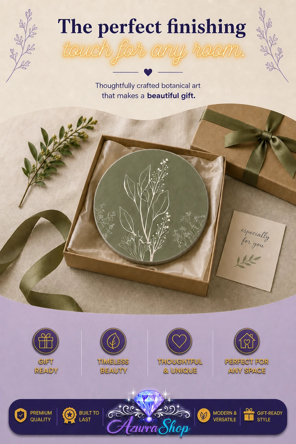 Round sage green wooden botanical wall art piece with a white plant line drawing, shown inside an open kraft gift box with a green ribbon, a wrapped gift box, and a small greeting card nearby