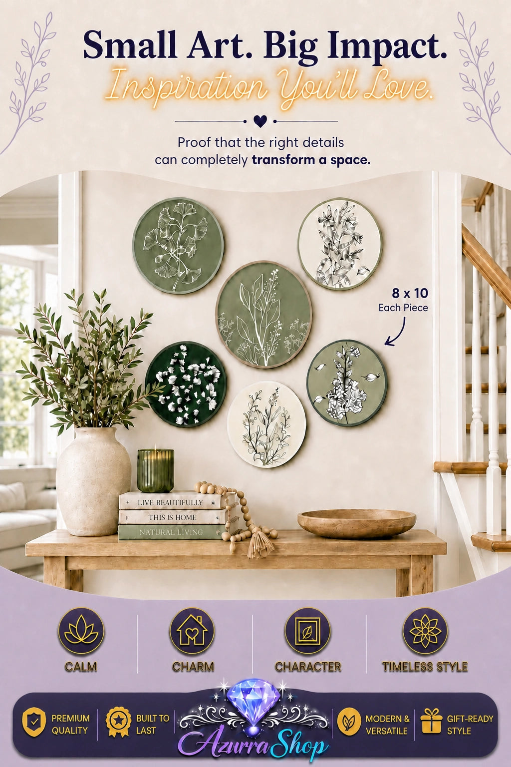 Six round wooden botanical wall art prints in green, cream, and black arranged in a gallery cluster above a console table with a vase, candle, and stacked books, near a staircase