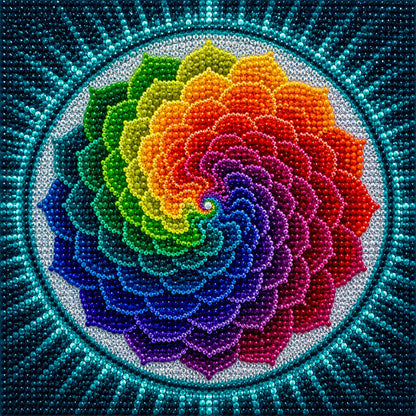 Finished rainbow spiral rose mandala diamond painting with a rainbow petal spiral inside a teal starburst border | Azurra Shop