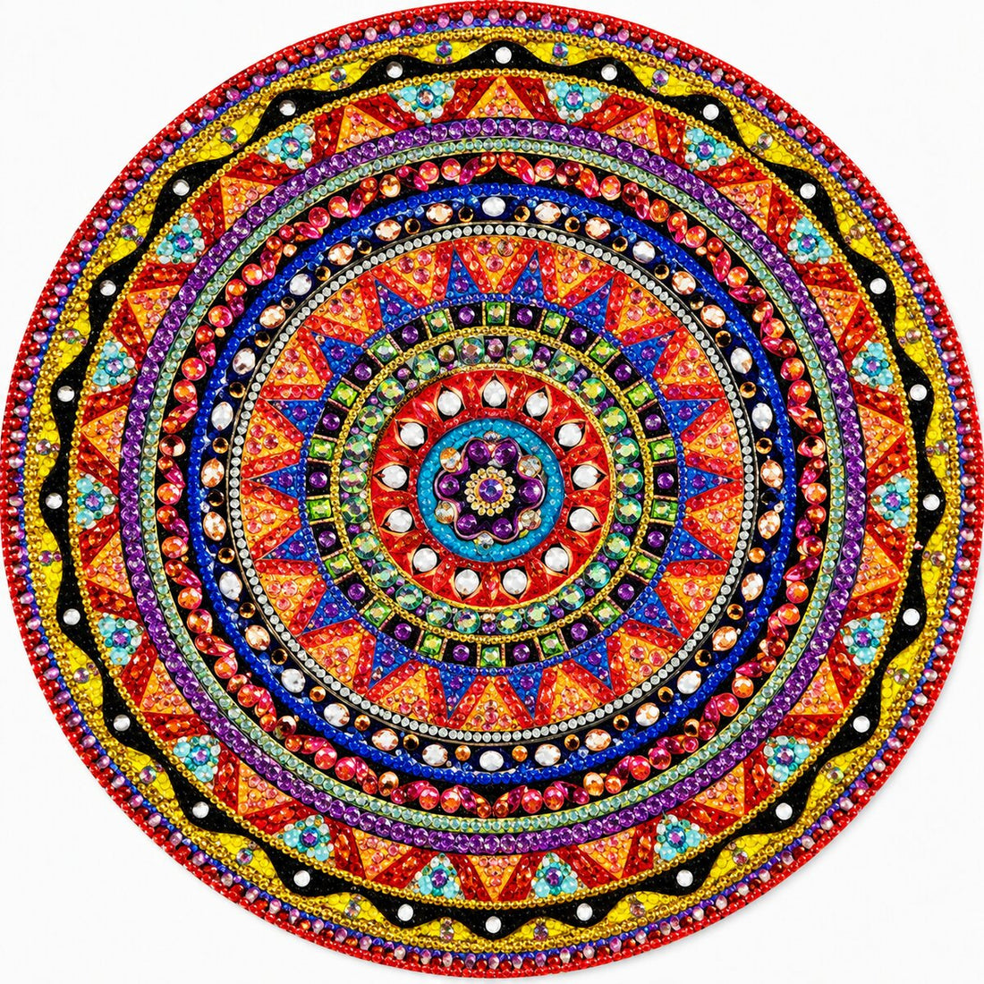 Finished rainbow ring mandala diamond painting with colorful concentric circles of gems and beads in red, gold, and blue | Azurra Shop