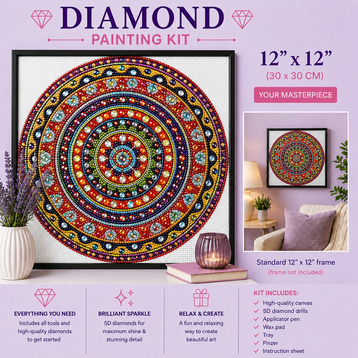 Rainbow ring mandala diamond painting framed on a lavender wall above a couch, shown in a 12 by 12 inch size | Azurra Shop
