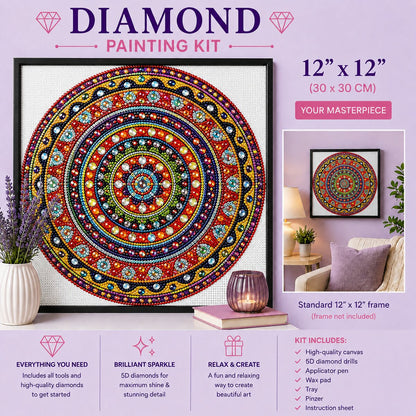 Rainbow ring mandala diamond painting framed on a lavender wall above a couch, shown in a 12 by 12 inch size | Azurra Shop