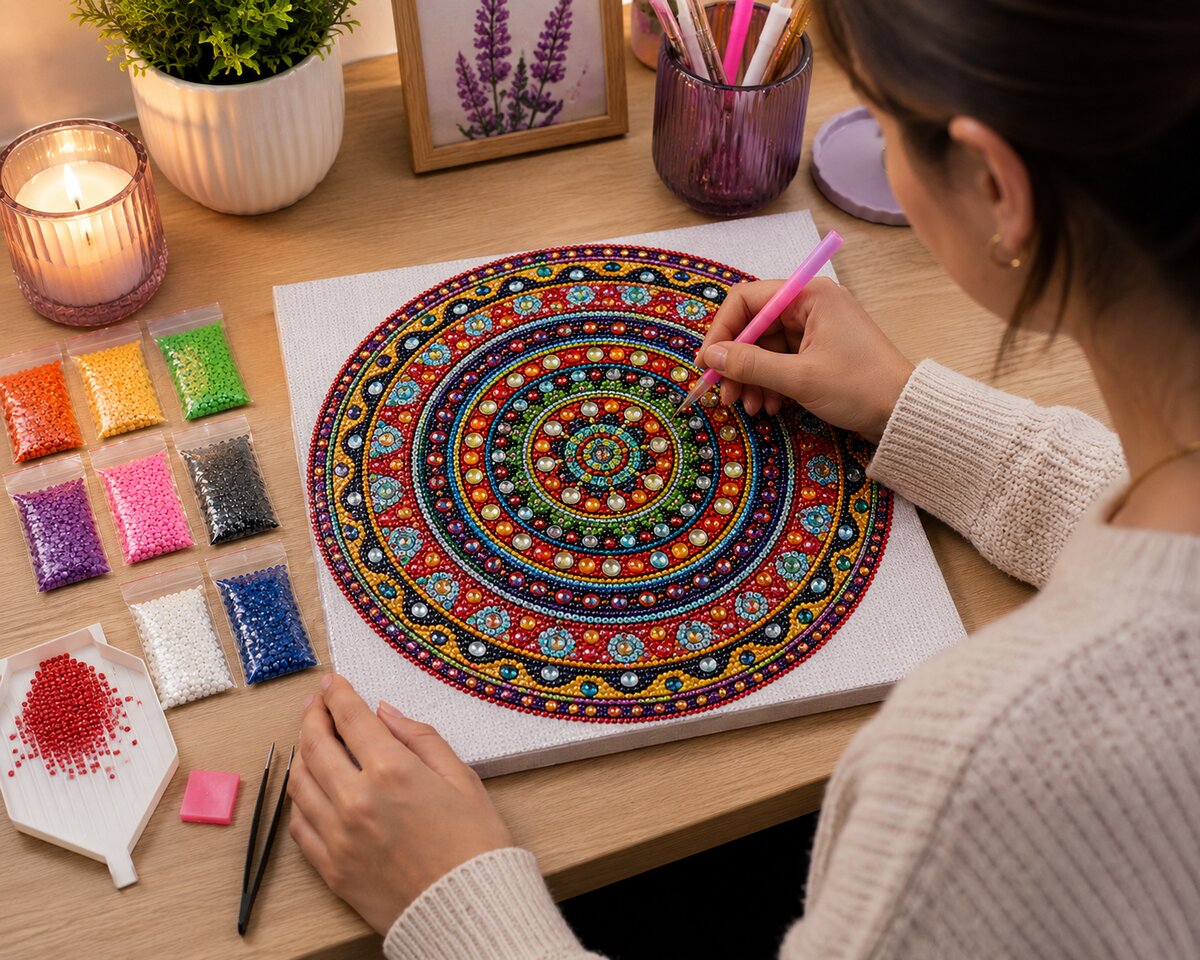 Woman placing diamonds on the rainbow ring mandala canvas at a desk with candles and diamond sorting bags | Azurra Shop