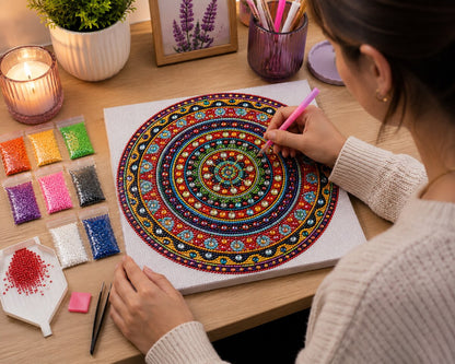Woman placing diamonds on the rainbow ring mandala canvas at a desk with candles and diamond sorting bags | Azurra Shop