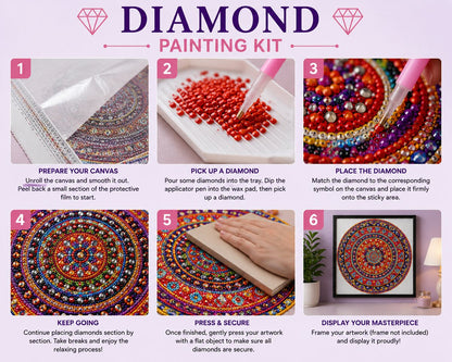 Six step instructions for completing a diamond painting kit from preparing the canvas to displaying the finished art | Azurra Shop