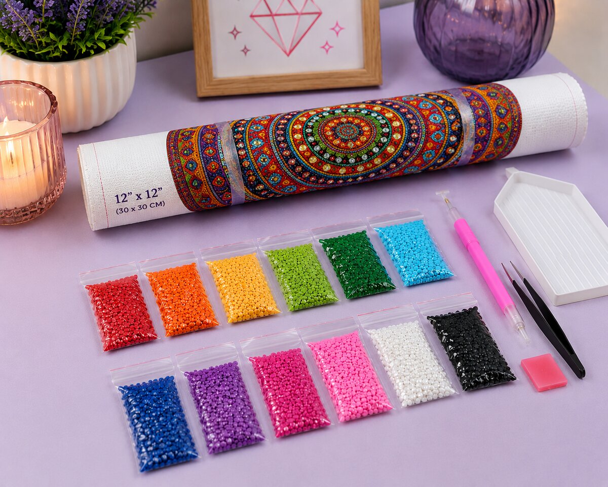 Diamond painting kit supplies including rolled canvas, sorted diamond bags, applicator pen, and tweezers | Azurra Shop