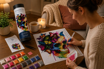 Working on the rainbow butterfly skull kit at a coffee table with a candle and cup of coffee nearby | Azurra Shop