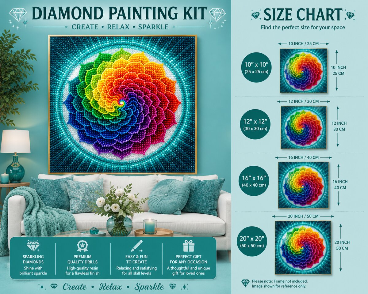 Rainbow spiral rose mandala diamond painting framed on a wall above a white couch with teal pillows, with a size chart showing 10 by 10 up to 20 by 20 inch options | Azurra Shop