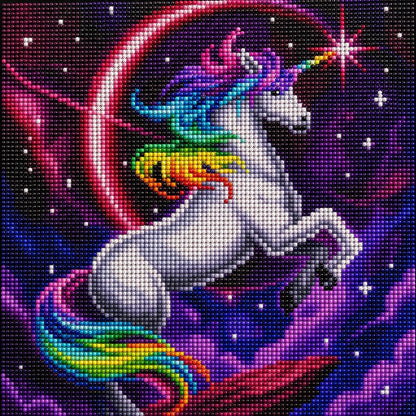 Finished rainbow mane unicorn diamond painting with a white unicorn rearing under a glowing red moon in a purple galaxy sky | Azurra Shop