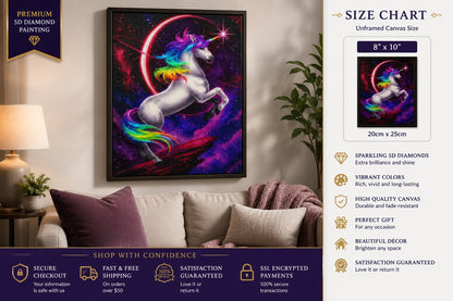 Rainbow mane unicorn diamond painting framed on a wall, available in an 8 by 10 inch size | Azurra Shop