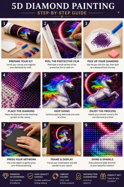 Nine step instructions for completing a diamond painting kit from canvas prep to framing and display | Azurra Shop
