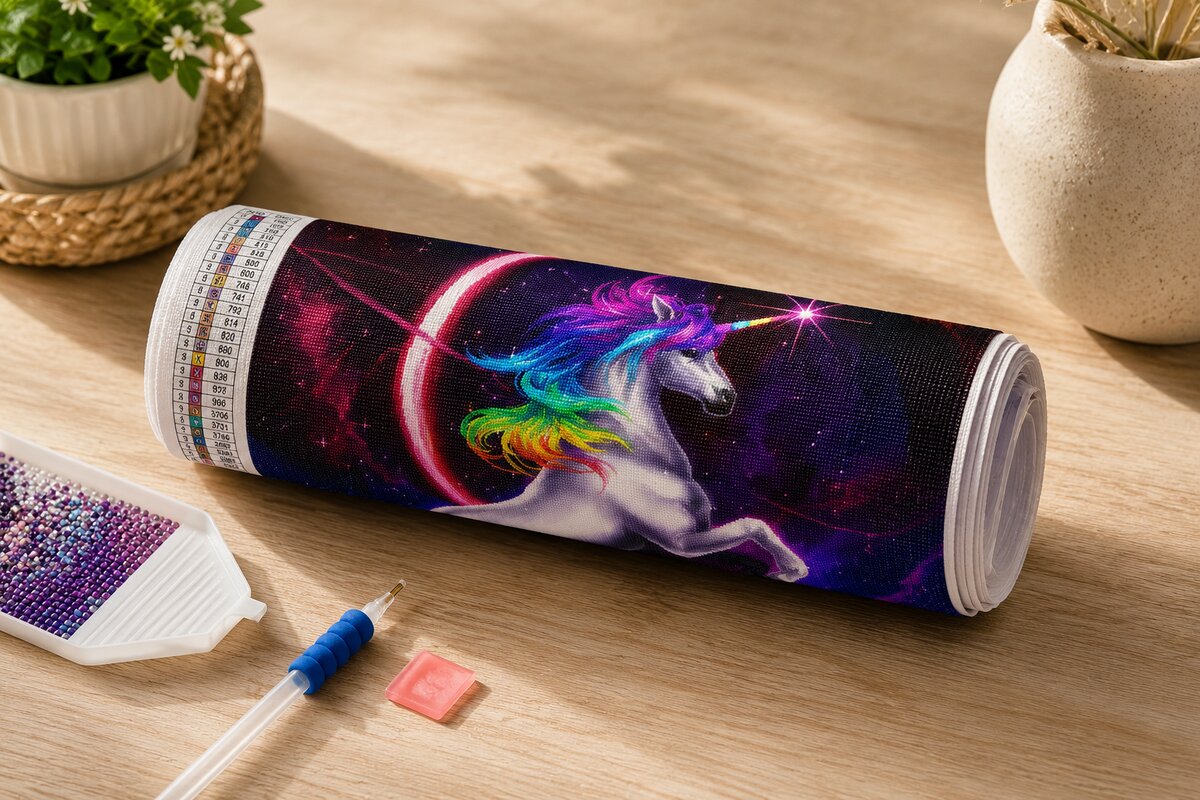 Diamond painting kit supplies including rolled canvas, sorted diamond tray, applicator pen, and color chart | Azurra Shop