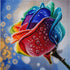 Finished rainbow rose diamond painting with a close up rose in blue purple orange and red petals with dew drops | Azurra Shop