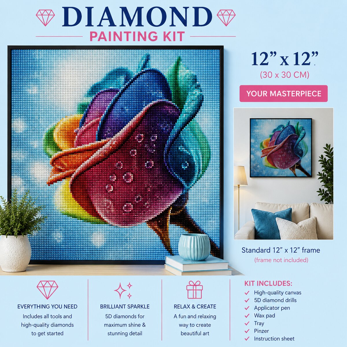 Rainbow rose diamond painting framed on a wall above a couch, 12 by 12 inch size | Azurra Shop