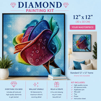 Rainbow rose diamond painting framed on a wall above a couch, 12 by 12 inch size | Azurra Shop