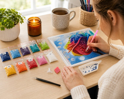 Woman placing diamonds on the rainbow rose canvas at a desk with coffee and a candle | Azurra Shop