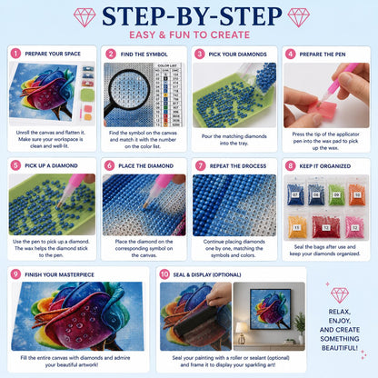 Ten step instructions for completing a diamond painting kit from canvas prep to sealing and display | Azurra Shop