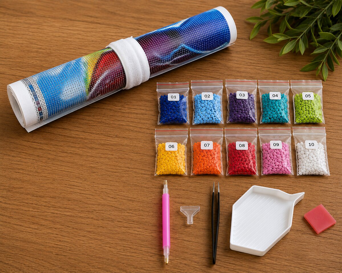 Diamond painting kit supplies including rolled canvas, 10 numbered diamond bags, tray, pen, funnel, and tweezers | Azurra Shop