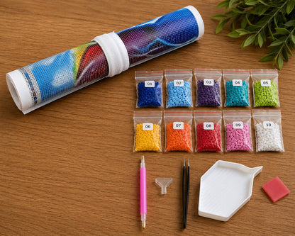Diamond painting kit supplies including rolled canvas, 10 numbered diamond bags, tray, pen, funnel, and tweezers | Azurra Shop