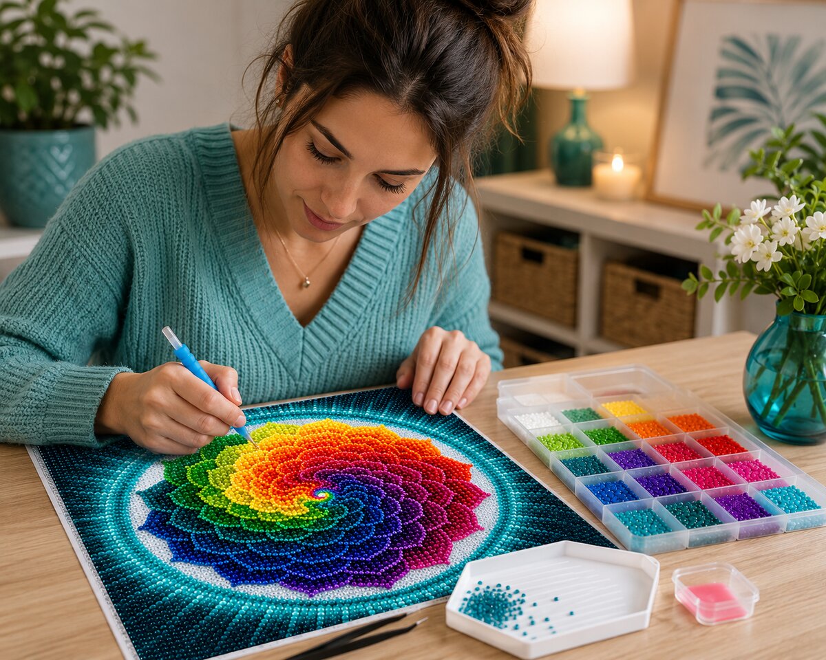 Woman placing diamonds on the rainbow spiral rose mandala canvas at a desk with a bead tray and diamond sorting box | Azurra Shop