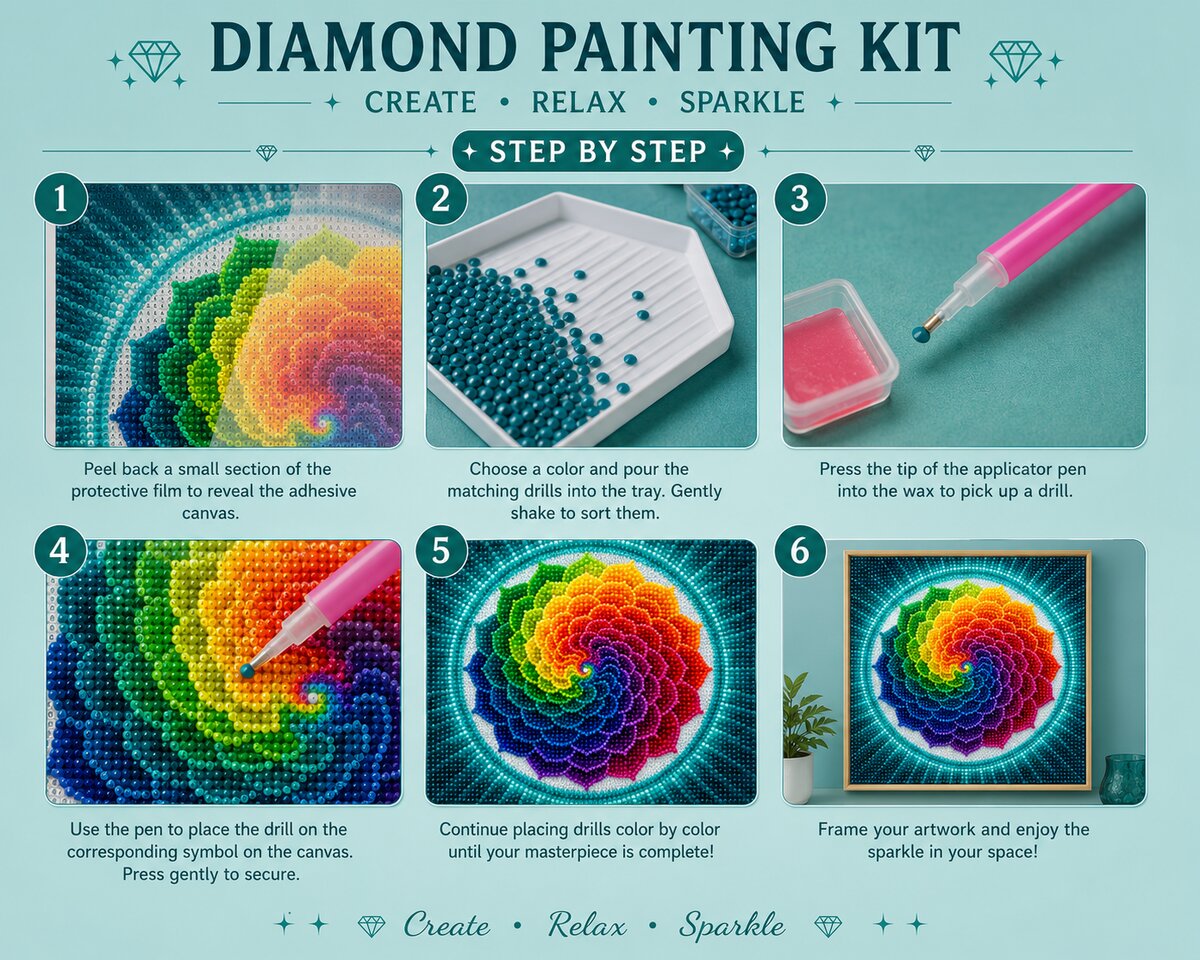 Six step instructions for completing a diamond painting kit from peeling the film to framing and display | Azurra Shop