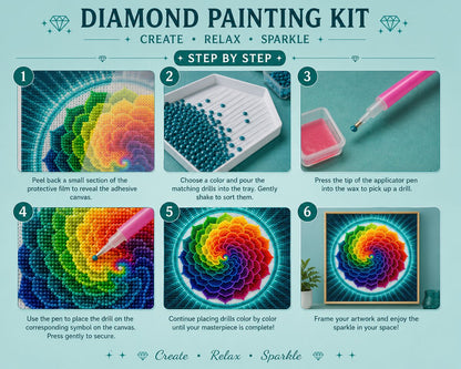 Six step instructions for completing a diamond painting kit from peeling the film to framing and display | Azurra Shop
