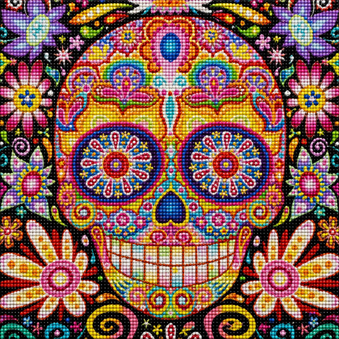 Close up of the finished rainbow mandala sugar skull diamond painting with colorful floral patterns on a black canvas | Azurra Shop