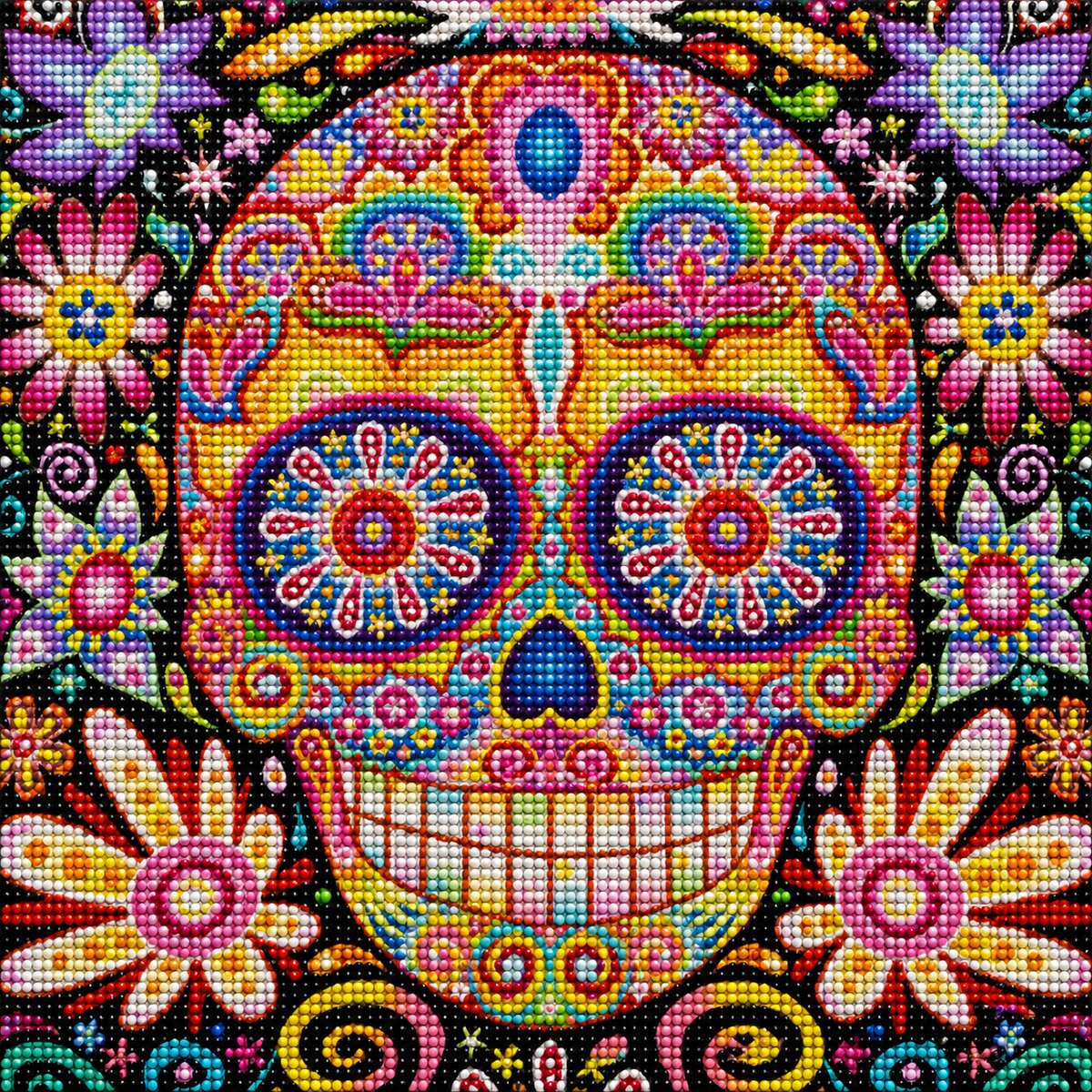 Close up of the finished rainbow mandala sugar skull diamond painting with colorful floral patterns on a black canvas | Azurra Shop