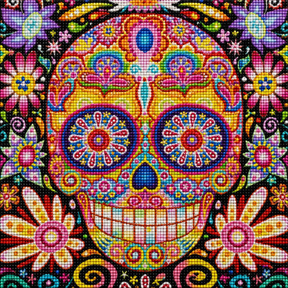 Close up of the finished rainbow mandala sugar skull diamond painting with colorful floral patterns on a black canvas | Azurra Shop