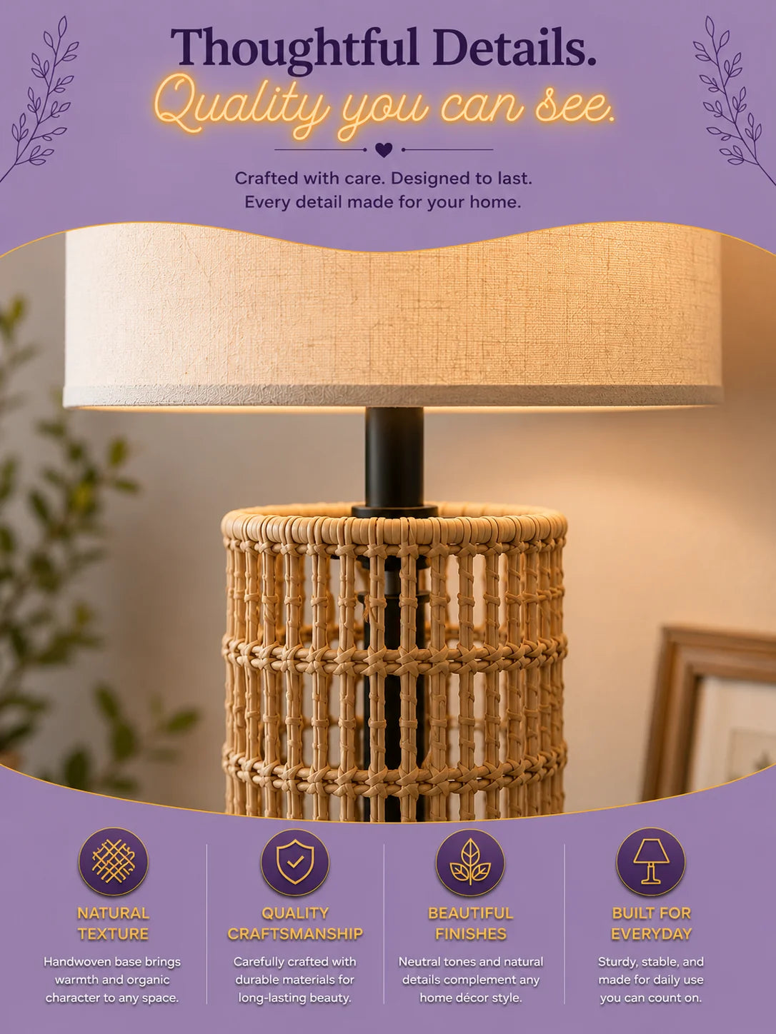 Close-up of the handwoven rattan base and linen drum shade of the table lamp | Azurra Shop