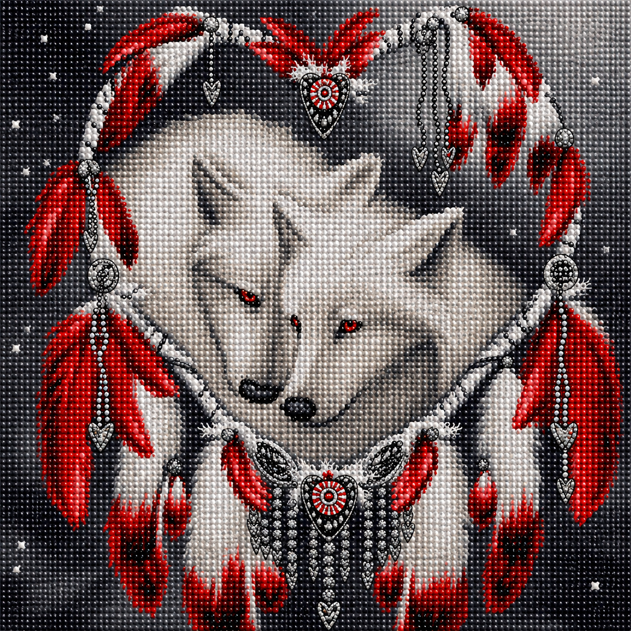 Wolf spirit red feather heart diamond painting kit close-up – majestic white wolf with glowing red eyes framed within a heart of vivid red feathers and silver dreamcatcher charms, deep black starry background, sparkling full drill 5D resin diamond texture — Azurra Shop
