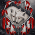 Wolf spirit red feather heart diamond painting kit close-up – majestic white wolf with glowing red eyes framed within a heart of vivid red feathers and silver dreamcatcher charms, deep black starry background, sparkling full drill 5D resin diamond texture — Azurra Shop
