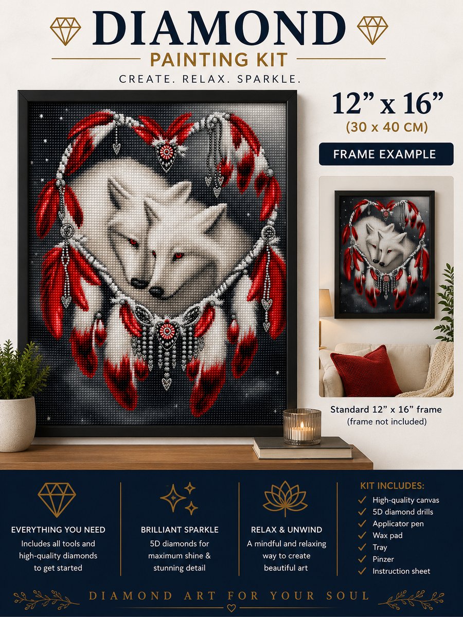 Framed wolf spirit diamond painting displayed on a living room shelf with a candle and plants | Azurra Shop