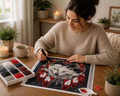 Woman creating wolf spirit red feather heart diamond painting kit at cozy craft desk with sorted white, red, black and grey diamond drills in organizer tray, applicator pen, wax pad, DMC chart, candle and cup of tea beside bright window — Azurra Shop
