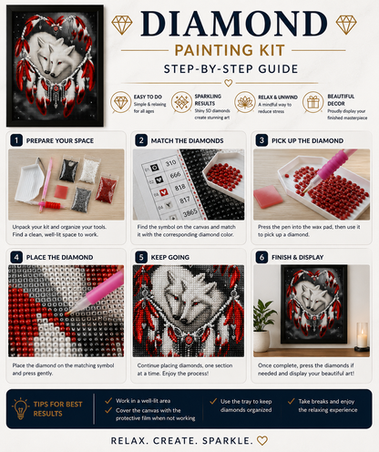Wolf spirit red feather heart diamond painting kit easy 6-step guide – illustrated steps showing how to prepare space and organize tools, match diamonds to symbols, pick up diamond with applicator pen, place on canvas, keep going section by section, finish and display sparkling wolf art — Azurra Shop
