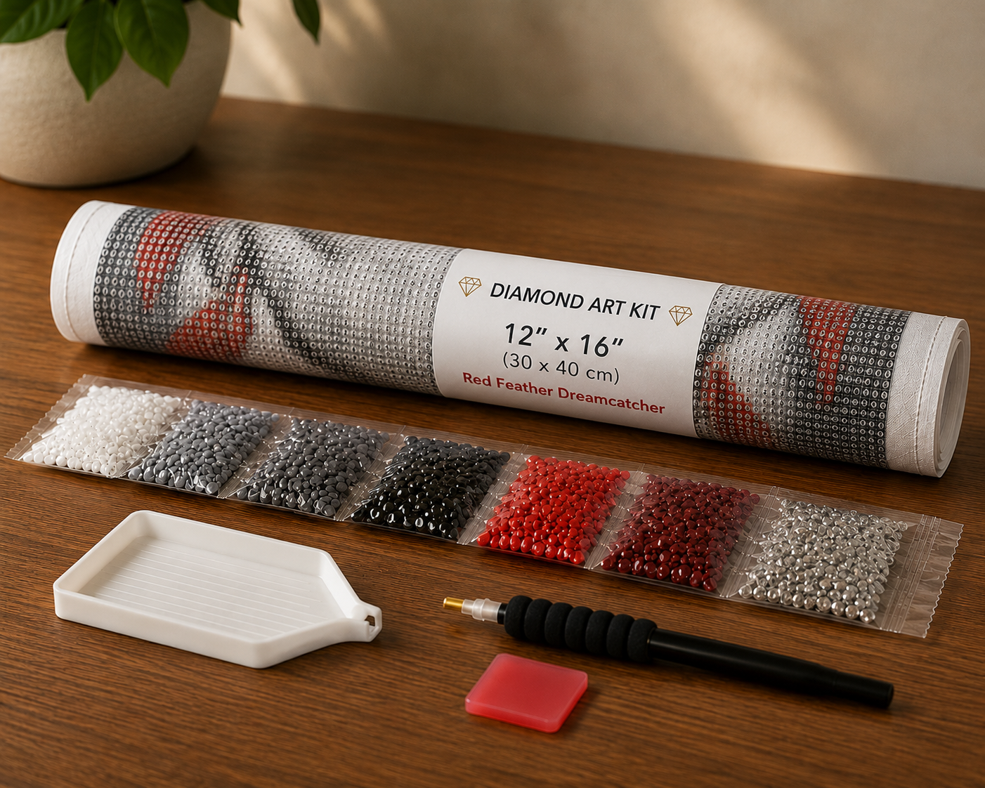 Wolf spirit red feather heart diamond painting kit supplies – 12" x 16" canvas tube labeled Red Feather Dreamcatcher, sorted white, grey, black, red and silver diamond drill packets, applicator pen, wax pad and tray on wooden surface — Azurra Shop
