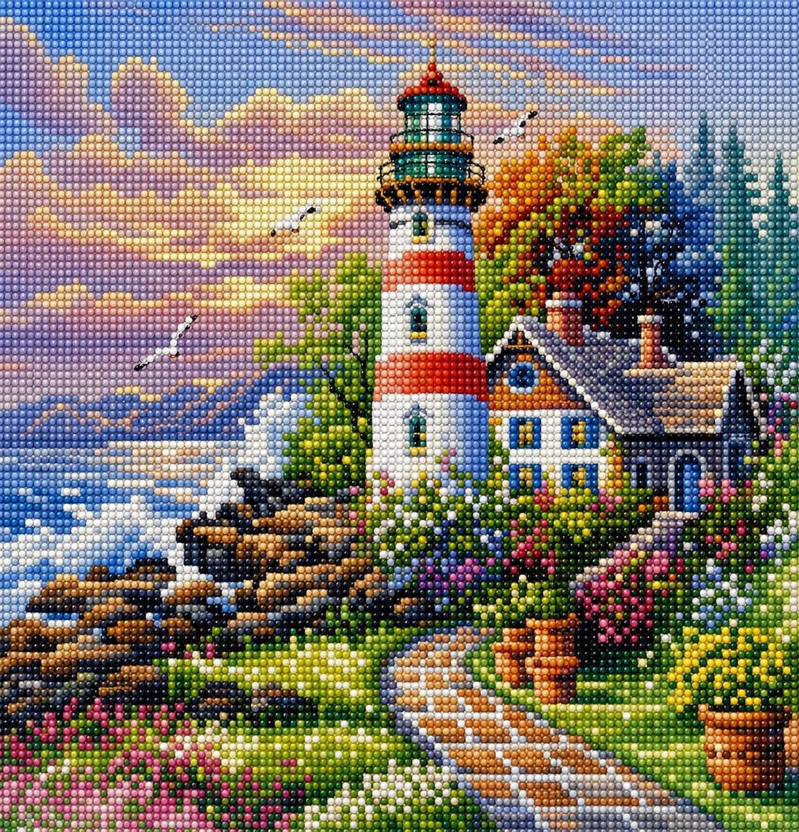 Close up of the finished red striped lighthouse and cottage garden diamond painting with sparkling drills | Azurra Shop