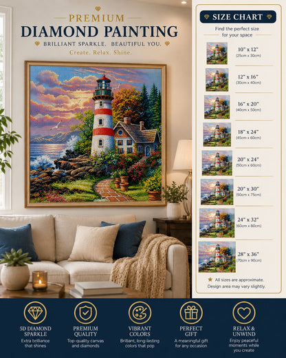 Framed red striped lighthouse and cottage garden diamond painting displayed above a cream sofa with size chart | Azurra Shop