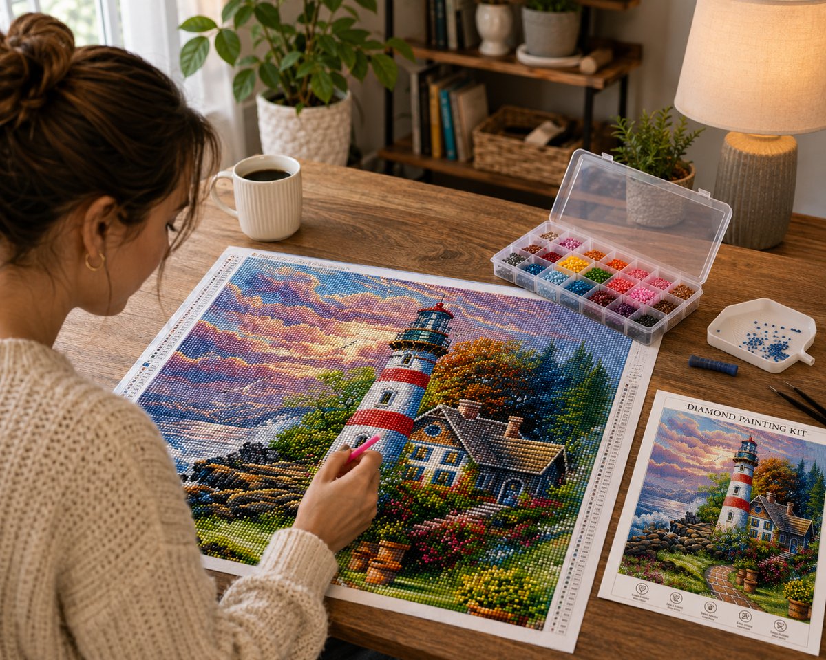 Woman working on the red striped lighthouse and cottage garden diamond painting kit at a warm wooden desk with a drill organizer and mug | Azurra Shop