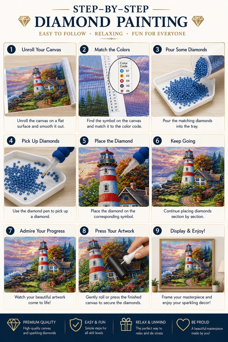 Nine step guide showing how to complete the red striped lighthouse and cottage garden diamond painting | Azurra Shop