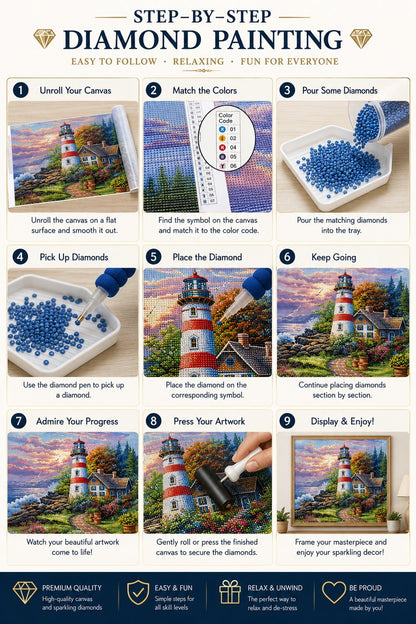 Nine step guide showing how to complete the red striped lighthouse and cottage garden diamond painting | Azurra Shop