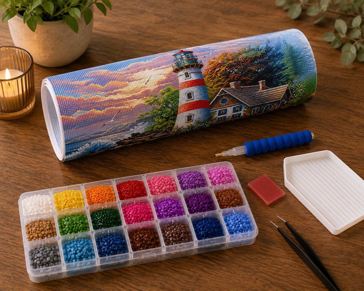 Rolled canvas and supplies for the red striped lighthouse and cottage garden kit, including drill organizer, applicator pen, tweezers, and wax pad | Azurra Shop