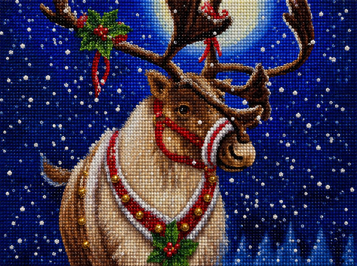 Close up of the finished reindeer diamond painting with holly on its antlers and jingle bells around its neck | Azurra Shop