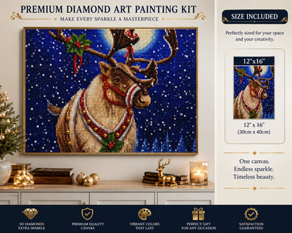 Framed reindeer diamond painting displayed above a living room console table | Azurra Shop