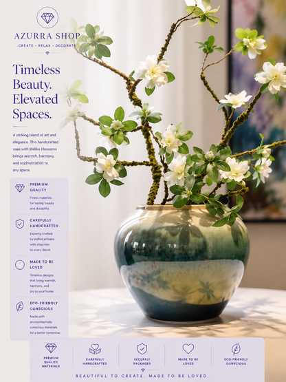 Close-up of white rhododendron blooms and green leaves on mossy sculptural branches in glazed ceramic vase — Azurra Shop
