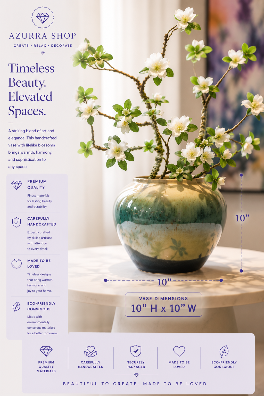White rhododendron ceramic vase dimensions 10" H x 10" W with premium quality highlights — Azurra Shop
