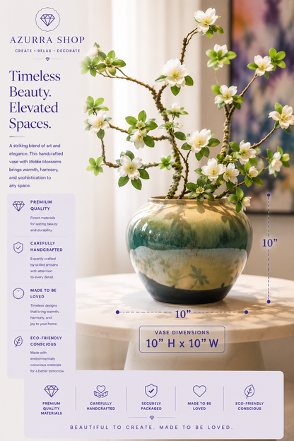 White rhododendron ceramic vase dimensions 10" H x 10" W with premium quality highlights — Azurra Shop
