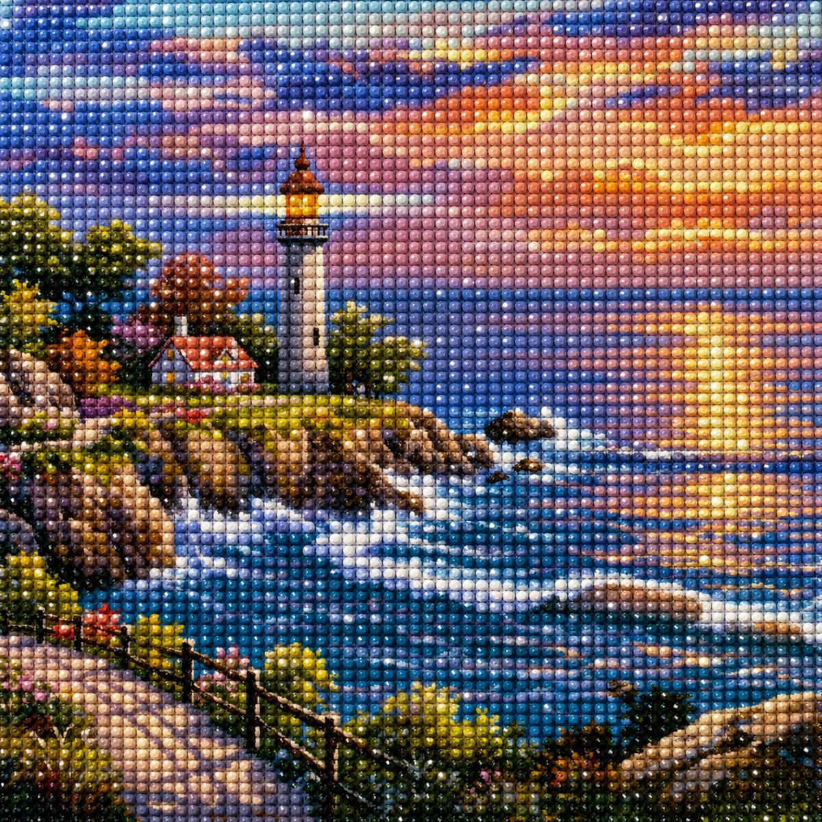Close up of the finished rocky coastal lighthouse at sunset diamond painting with sparkling drills | Azurra Shop