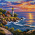 Close up of the finished rocky coastal lighthouse at sunset diamond painting with sparkling drills | Azurra Shop